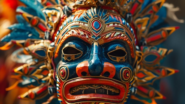 Um close de uma máscara exibida mostrando detalhes intrincados Chico De Mayo