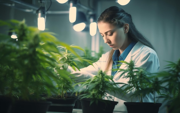 Um close de uma médica em uma bata de laboratório segurando uma planta