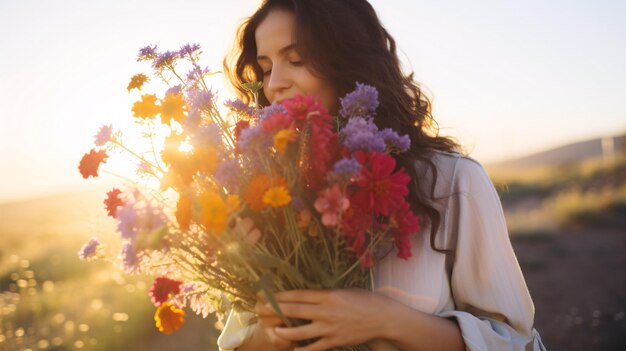 Um close de uma menina alegre com um buquê de flores silvestres brilhantes em um prado ensolarado ganha vida