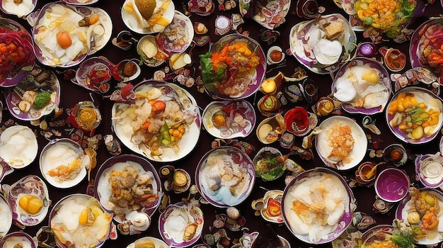 Um close de uma mesa Chuseok carregada de pratos tradicionais e decorações