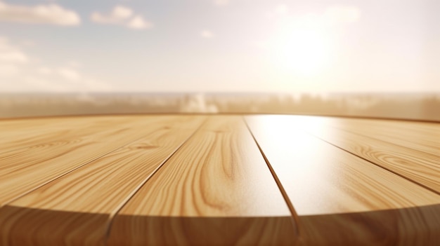 um close de uma mesa de madeira com um sol ao fundo IA generativa
