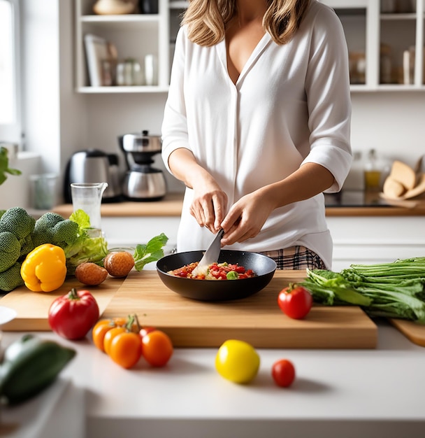 Um close de uma mulher cozinhando alimentos saudáveis na cozinha