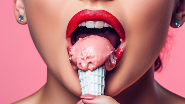 Um close de uma mulher sexy a comer um cone de gelado.