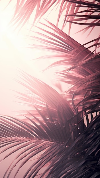 Um close de uma palmeira com o sol ao fundo