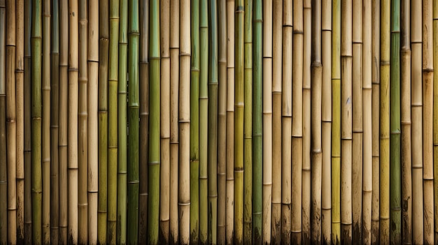Um close de uma parede de bambu feita de pauzinhos verticais de bambu