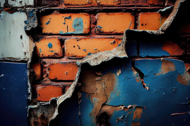 Um close de uma parede de tijolo industrial resistida com pintura descascada e rachaduras