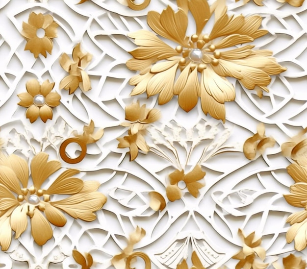 um close de uma parede dourada e branca com flores generativas ai