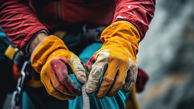 Um close de uma pegada colorida de um alpinista