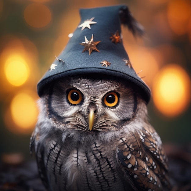 Um close de uma pequena coruja com um chapéu de mago