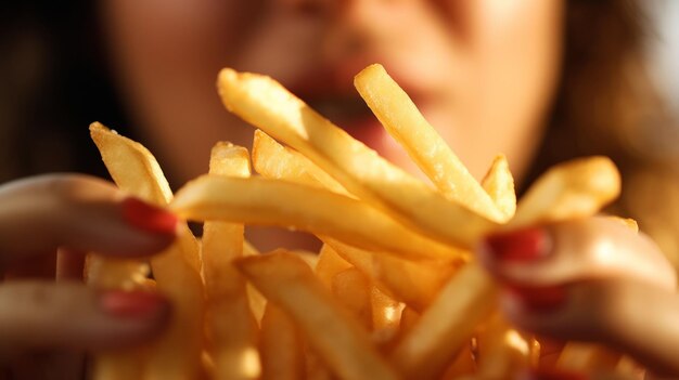 Um close de uma pessoa comendo batatas fritas na boca