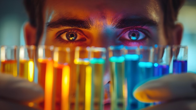 Foto um close de uma pessoa observando tubos de ensaio coloridos