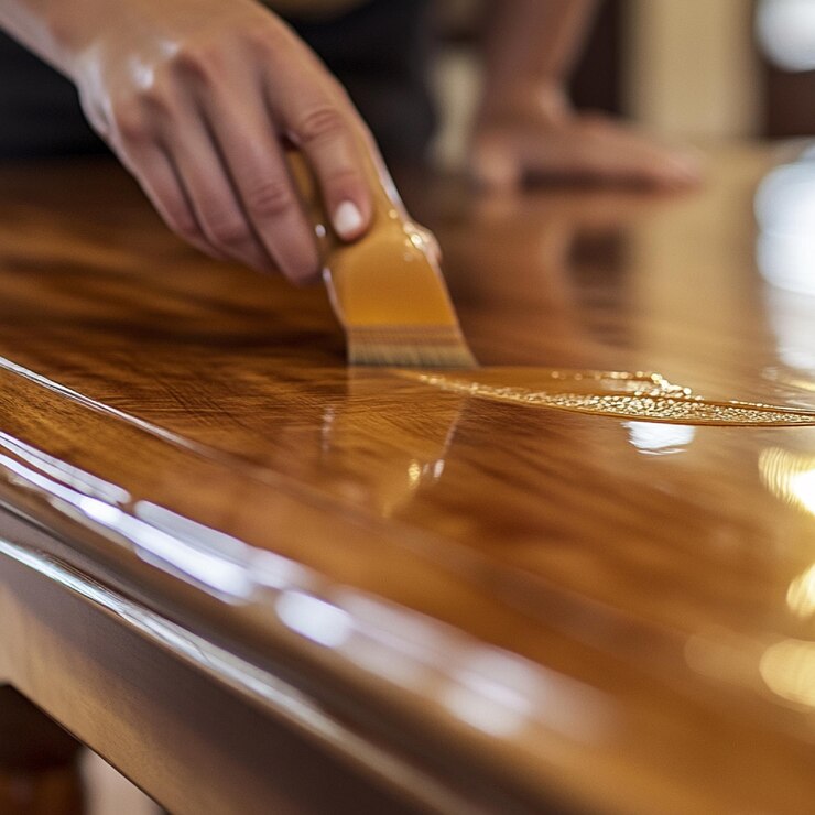 Foto um close de uma pessoa polindo uma mesa de madeira com esmalte de móveis
