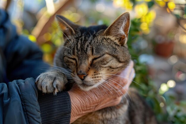 Um close de uma pessoa segurando um gato