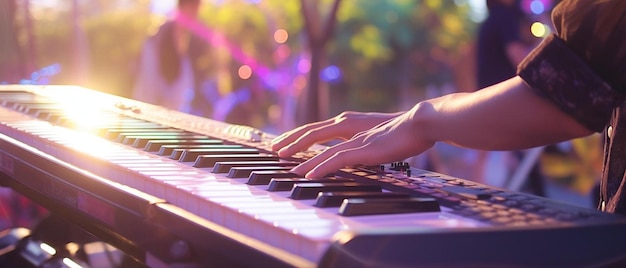 um close de uma pessoa tocando teclado