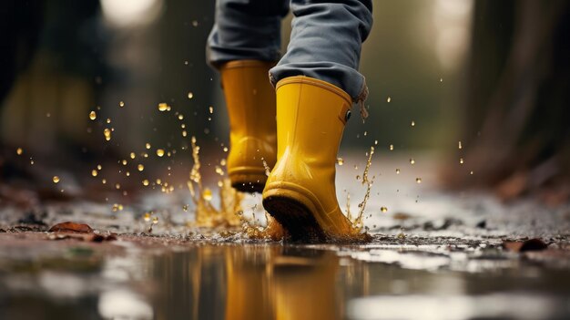 Um close de uma pessoa usando botas de chuva amarelas