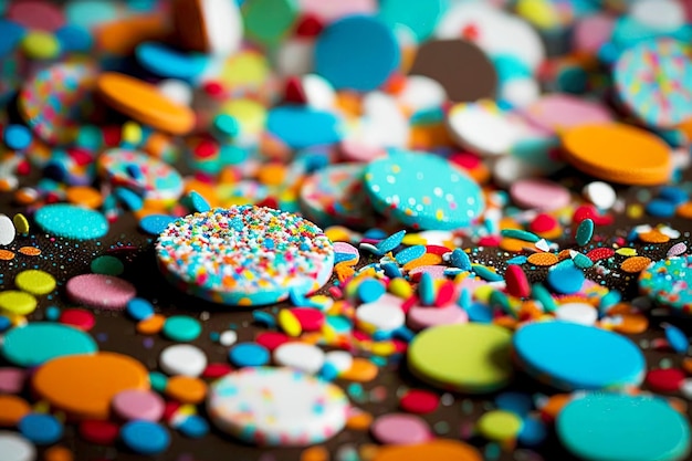Foto um close de uma pilha de confetes coloridos que foram espalhados e ainda estão se acomodando criando padrões interessantes