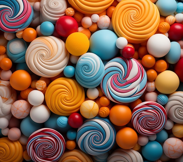 um close de uma pilha de doces coloridos com desenhos giratórios e IA generativa