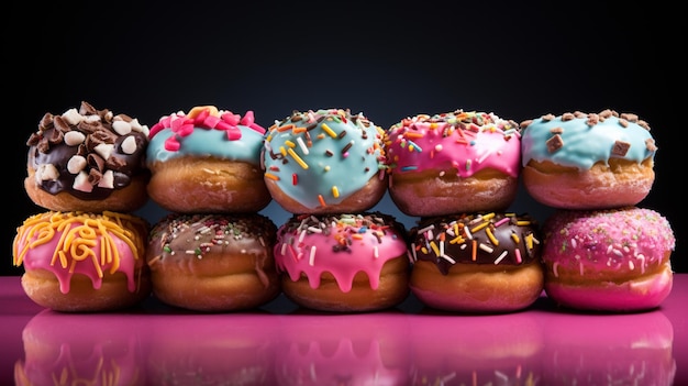 um close de uma pilha de donuts com diferentes coberturas gerativas de IA