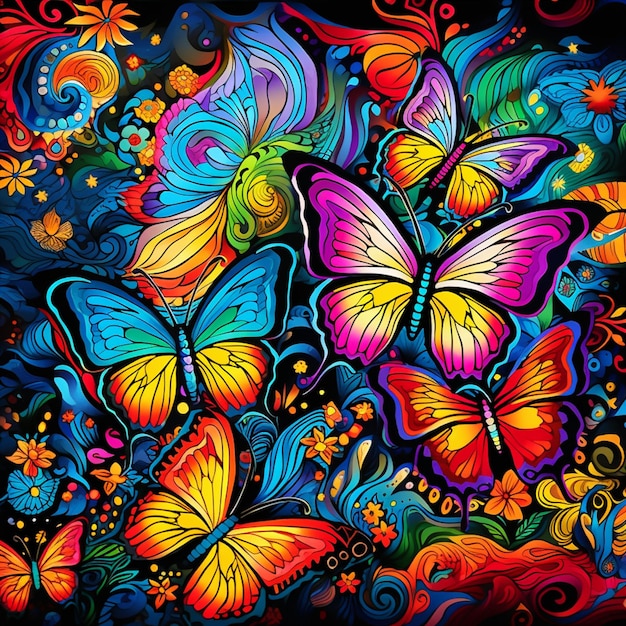 um close de uma pintura de borboleta colorida em um fundo preto ai generativo