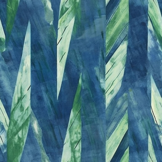 um close de uma pintura de um padrão de folhas verdes e azuis generativa ai