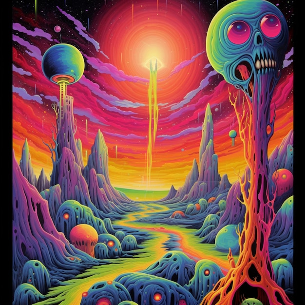 um close de uma pintura de uma estranha paisagem alienígena generativa ai