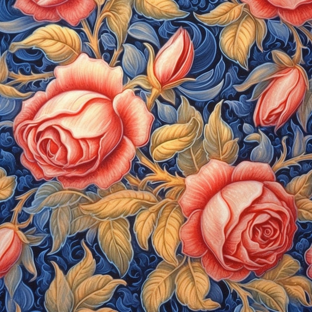 um close de uma pintura de uma rosa em um fundo azul generativo ai