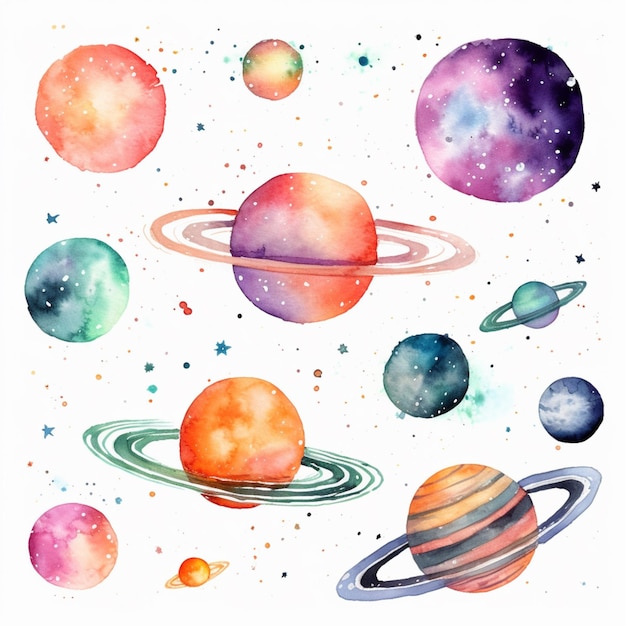 um close de uma pintura em aquarela de planetas e estrelas generativos ai