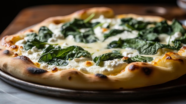 Um close de uma pizza branca com ricotta e espinafre