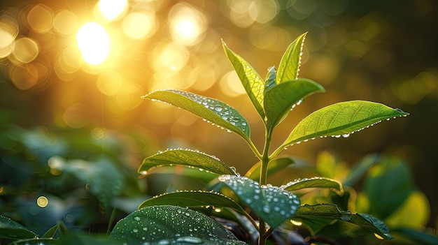 Foto um close de uma planta jovem banhada na luz da manhã