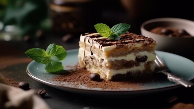 Um close de uma porção de tiramisu gourmet, uma sobremesa italiana com um galho de hortelã.