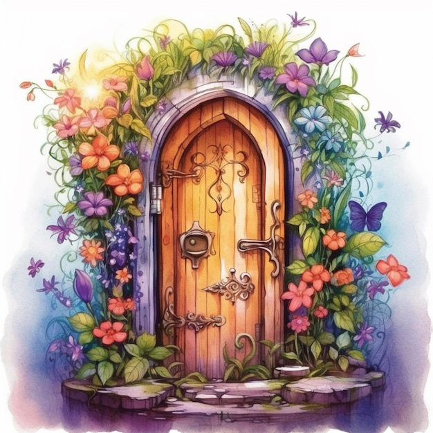 um close de uma porta com flores e borboletas ai generativa