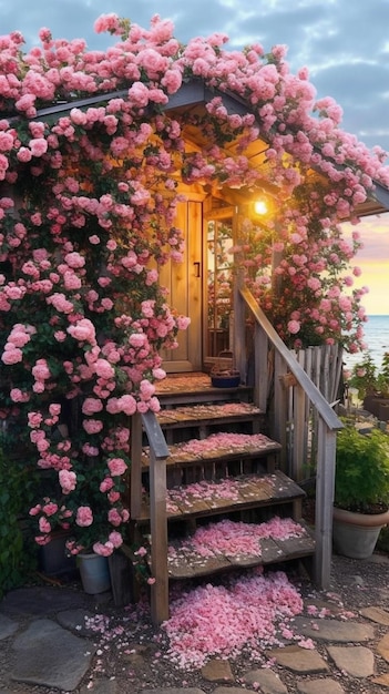 um close de uma porta de madeira com flores cor de rosa gerativa ai