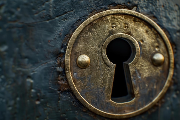 Foto um close de uma porta de metal com um buraco de chave perfeito para conceitos de segurança