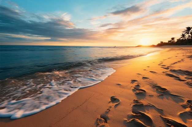 Um close de uma praia tropical tranquila ao pôr do sol inspirando relaxamento