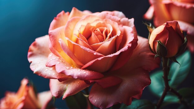 Um close de uma rosa laranja beijada pelo orvalho