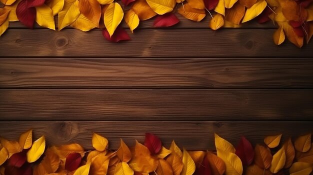 um close de uma superfície de madeira com um monte de folhas ai generativa
