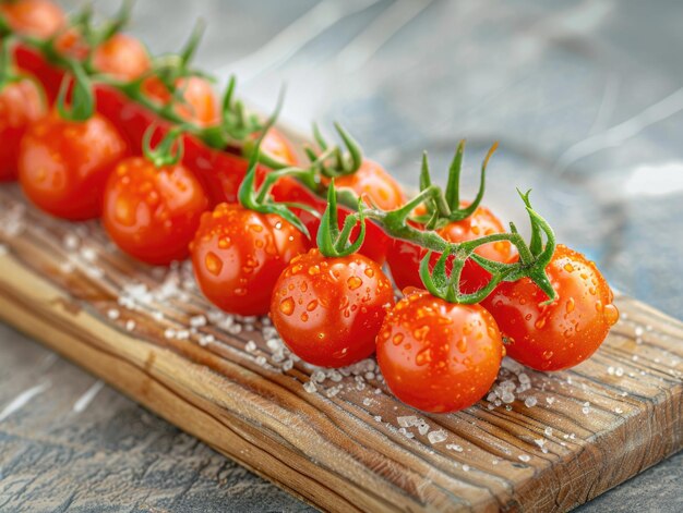 Um close de uma tábua de cortar de madeira coberta com uma variedade colorida de tomates maduros de diferentes tamanhos