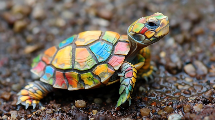 Foto um close de uma tartaruga colorida com uma barriga amarela e olhos azuis a tartaruga está sentada em uma rocha o fundo é borrado