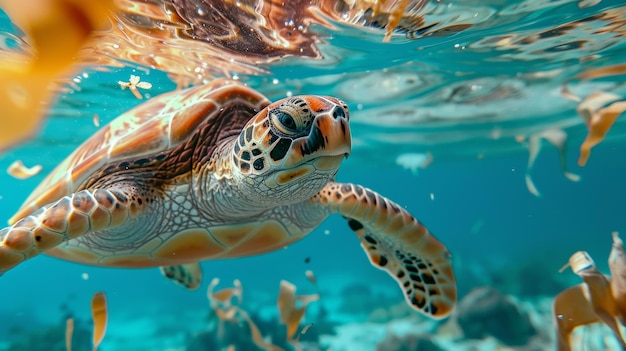 Um close de uma tartaruga marinha nadando em águas azuis claras cercada por detritos de uso único