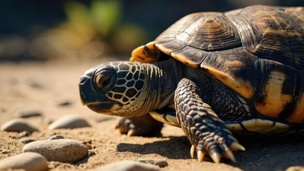 Um close de uma tartaruga no habitat natural