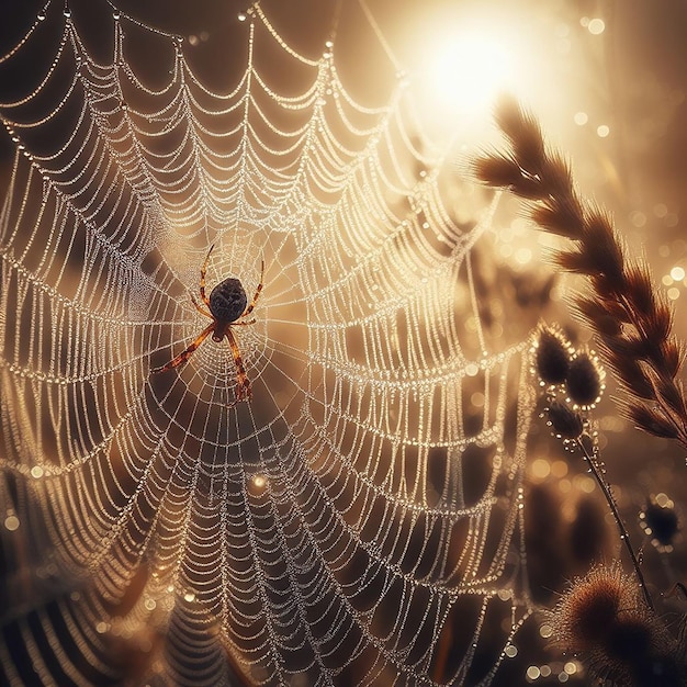 Foto um close de uma teia de aranha coberta de orvalho