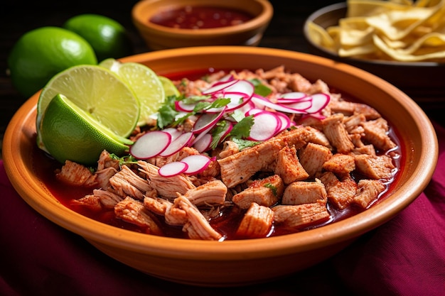 Foto um close de uma tigela de pozole rojo tradicional mexicano com carne de porco