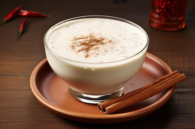 Um close de uma tigela de refrescante bebida de leite de arroz agua de horchata