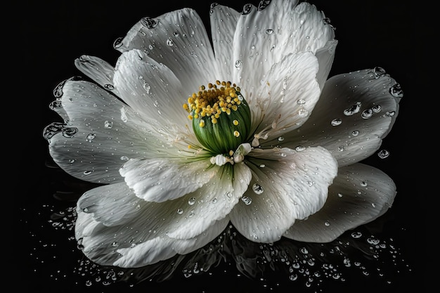 Um close de uma única flor branca contra um fundo preto austero com gotas de orvalho nas pétalas criadas