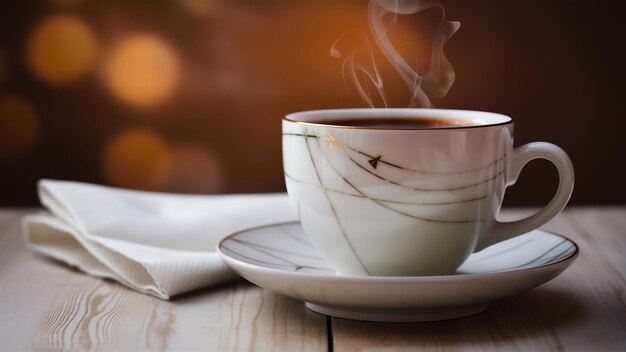 Um close de uma xícara de café branca
