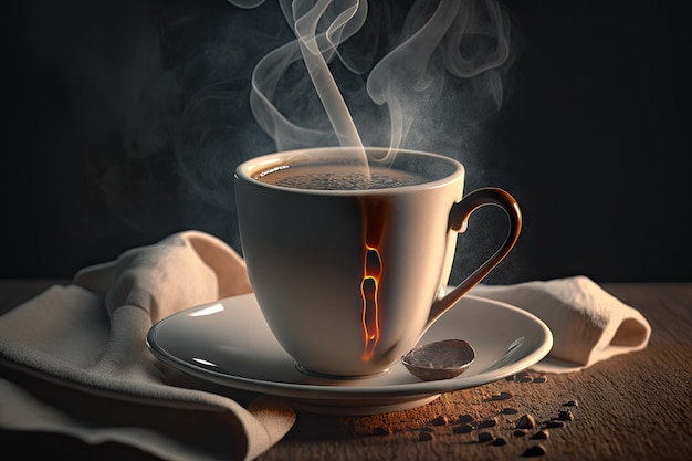 Um close de uma xícara de café em um guardanapo com vapor saindo da bebida quente