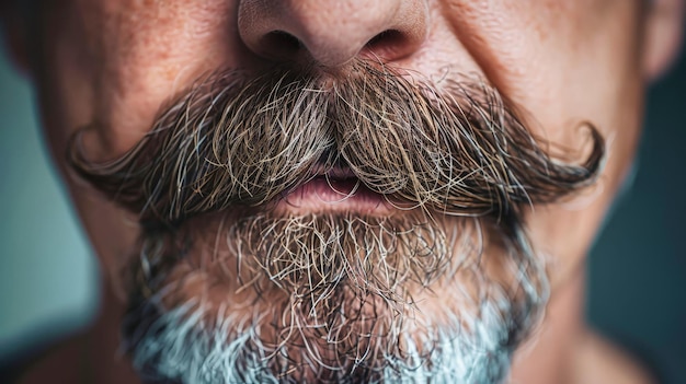 Um close detalhado de um homem com um bigode elegante destacando os detalhes intrincados do cabelo facial