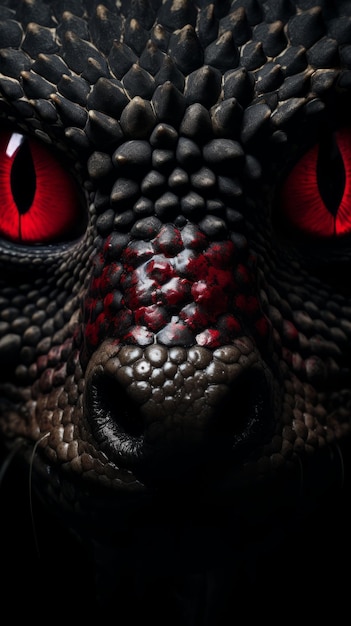 um close do rosto de um dragão com olhos vermelhos