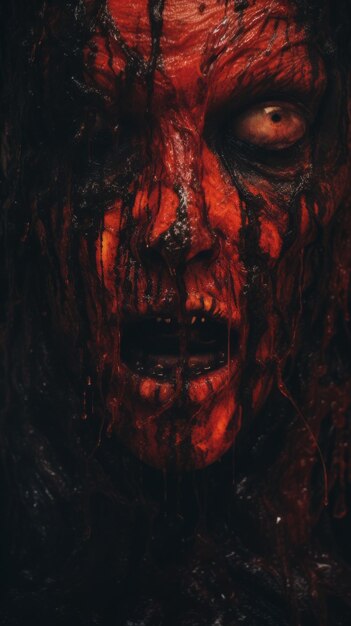 Foto um close do rosto de um zumbi com sangue