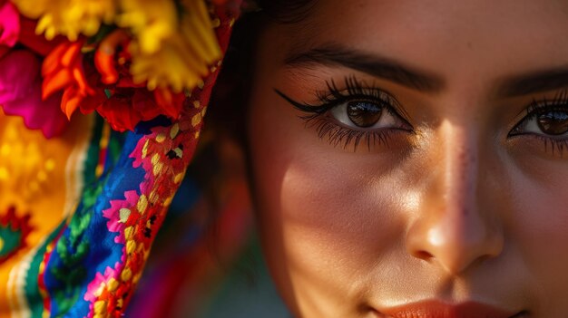 Um close do rosto de uma mulher com um chapéu colorido